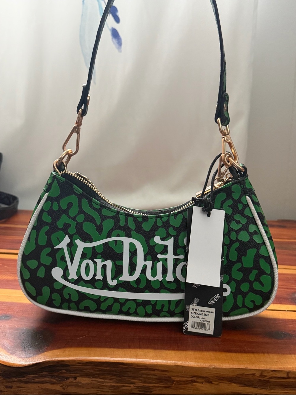 Von Dutch Green Leopard-Print Shoulder Bag with White Logo